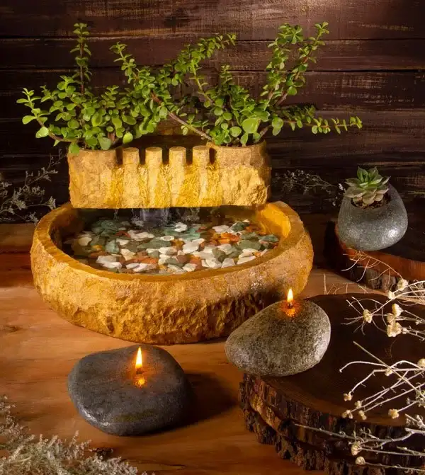 آبنما خانگی کد AB125 همراه با گیاه خرفه و دوعدد شمع سنگی