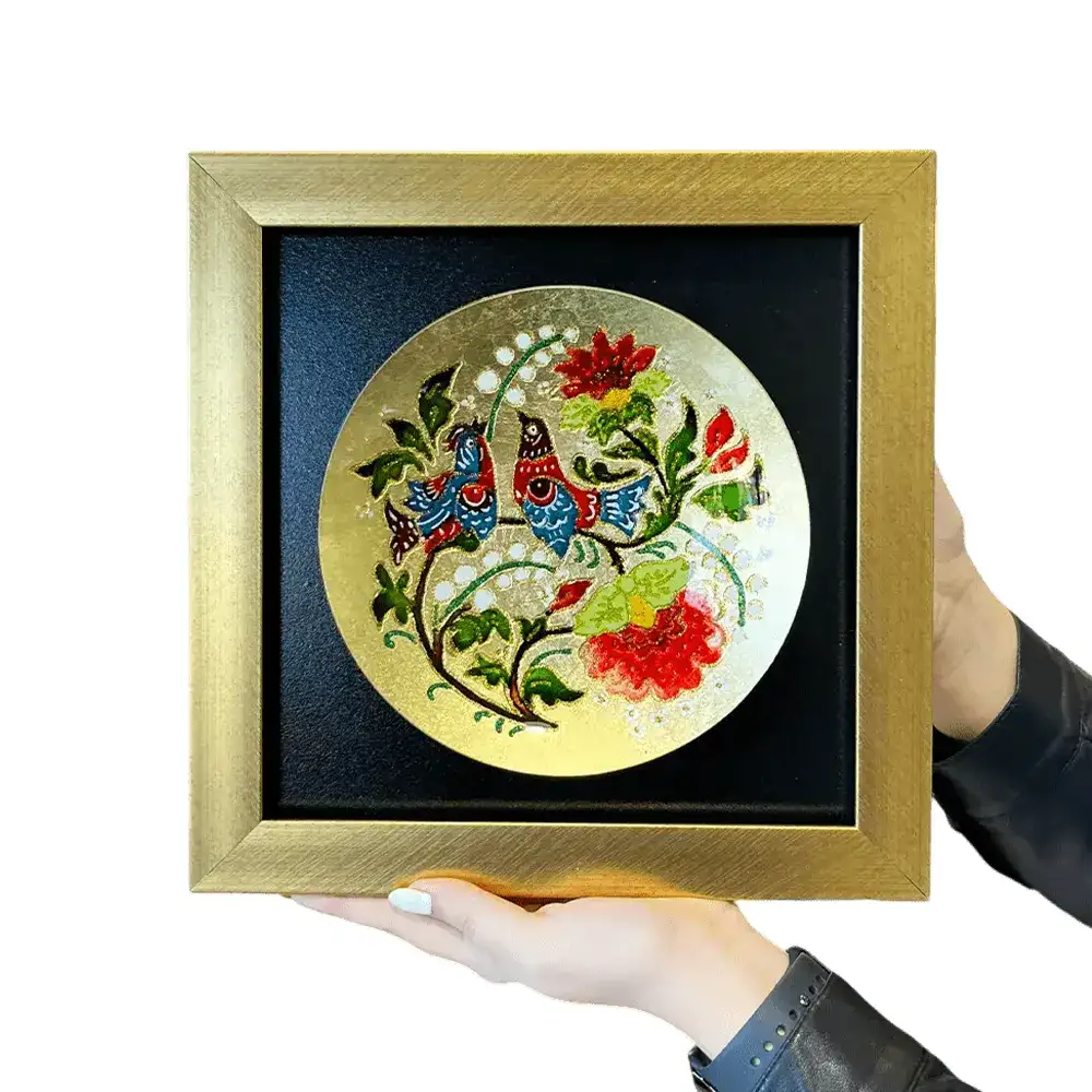 تابلو دیواری مدرن ورق طلا طرح گل و پرنده 28×28 کد 184 __  دکوراسیونی لوکس و مدرن با عاطمیر گالری