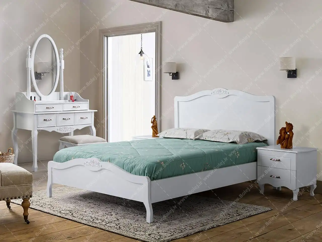 سرویس خواب دونفره عروس چوبی سفید آیلار