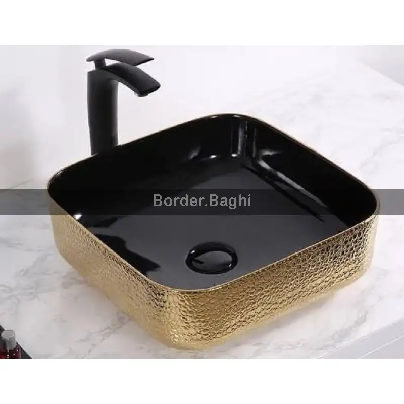 کاسه روشویی مدل طلایی مشکی پوست ماری مربع – کد 047