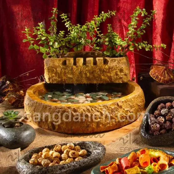 آبنما رومیزی سنگی دو طبقه همراه گیاه