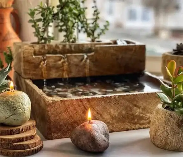 آبنما مربعی مینیمال کد AB-SQ همراه با گیاه کراسولا خرفه ای