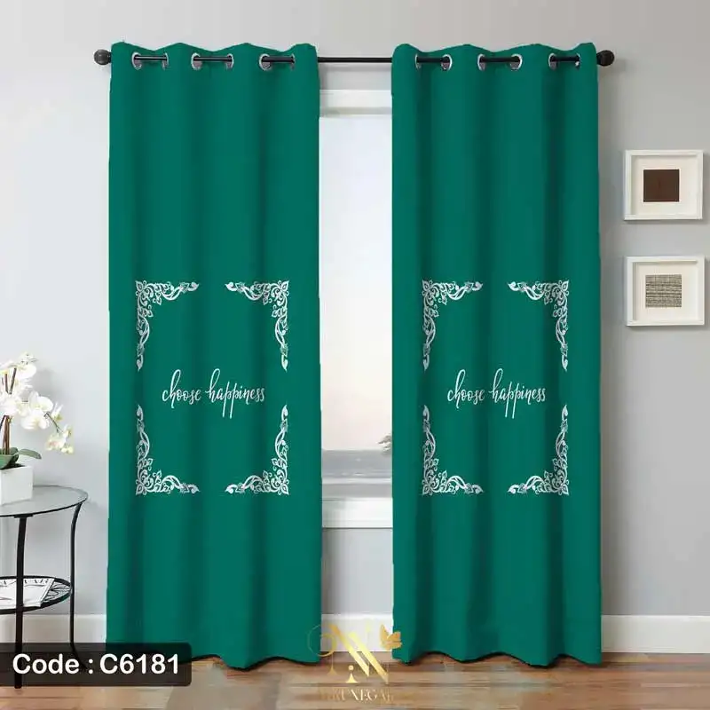 پرده مینیمال سبز طرح Happiness مدل پانچ C6181 __ پرده نیکونگار، مرجع تخصصی خرید پرده