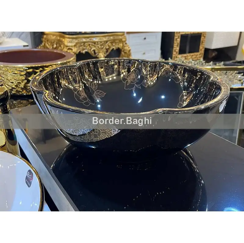 کاسه روشویی مدل گل رز گلد مشکی bl11 – کد 117