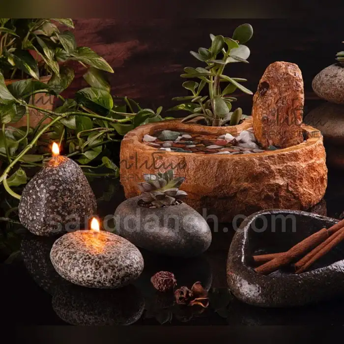 آبنما خانگی کوچک کد AB452 با گیاه یشم و دو عدد شمع سنگی