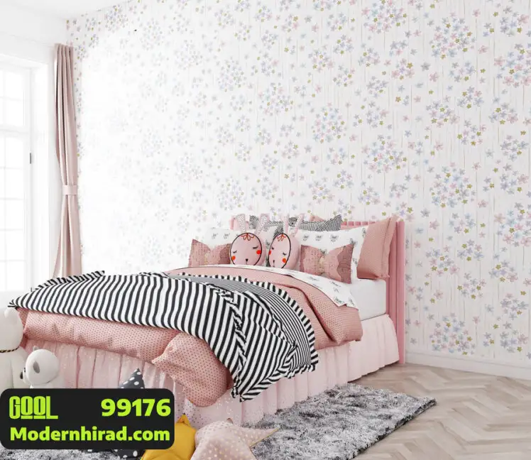 کاغذدیواری گل ریز بنفش و آبی با شاین و خط طلایی 99176 __ مدرن هیراد وارد کننده کاغذ دیواری قابل شستشو